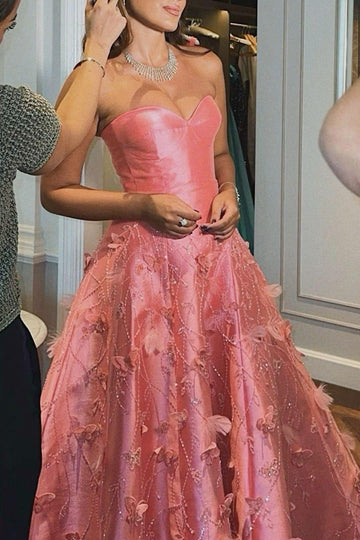 Ball Gown Sweetheart Pink Satin Floral Long Prom Dresses Formal Evening Dress SD1404 HZ0628